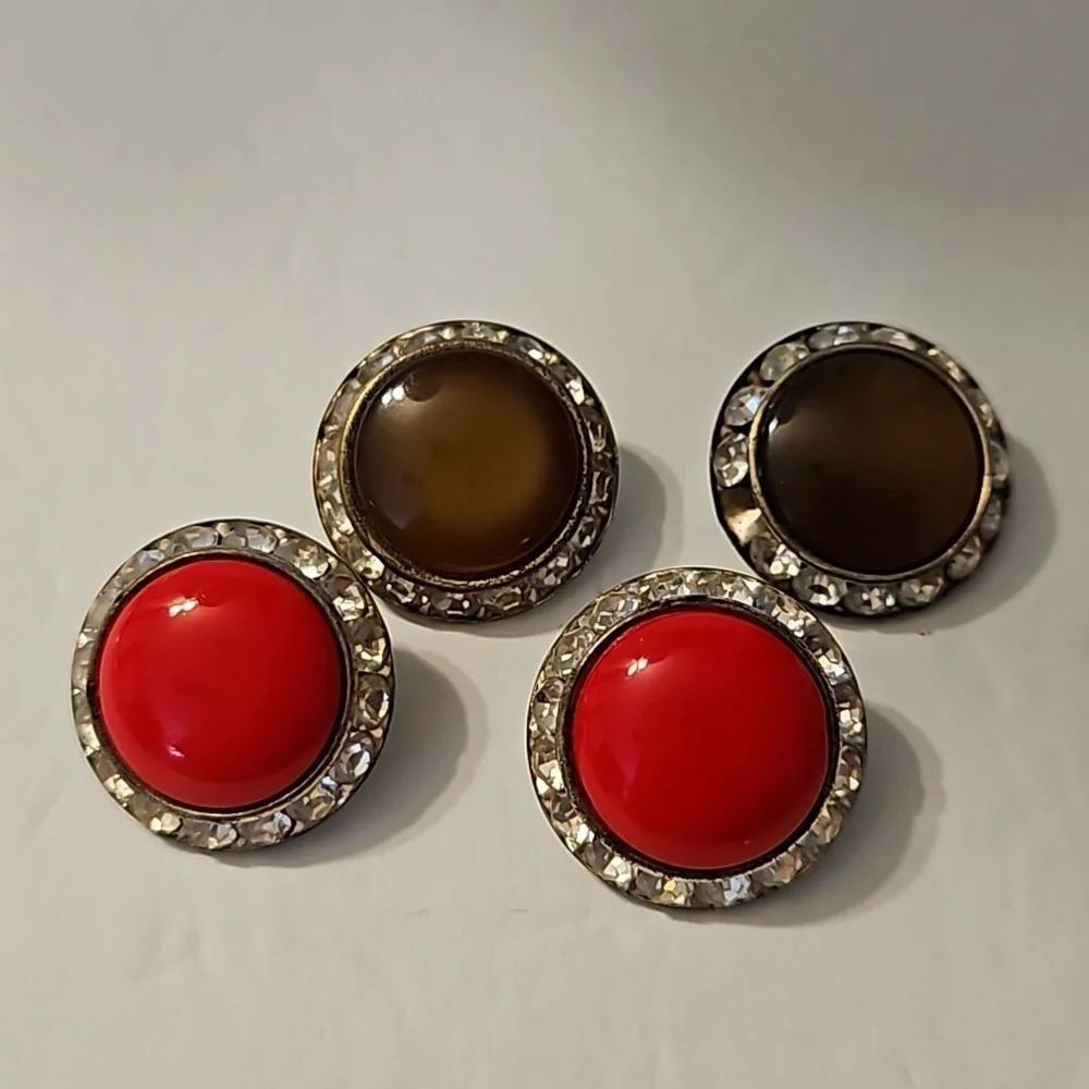 Vintage 2 Prs. Brown, Red & Rhinestones Button Silvertone Clip-on Earrings